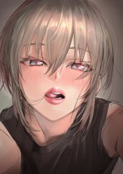 Rule 34 | 1girl, bare shoulders, black shirt, blush, commentary request, face, grey eyes, hair between eyes, hair in own mouth, highres, kilye kairi, licking lips, looking at viewer, open mouth, original, saliva, shirt, short hair, silver hair, sleeveless, sleeveless shirt, solo, tongue, tongue out