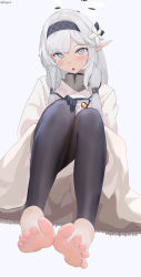 Rule 34 | 1girl, barefoot, black gloves, black hairband, black leggings, blue archive, blush, elf, feet, flower, fuenyuan, full body, gloves, hairband, halo, hand on own knee, highres, himari (blue archive), jacket, knees up, leggings, long hair, looking at viewer, parted lips, pointy ears, purple eyes, simple background, sitting, soles, solo, toes, twitter username, white background, white flower, white hair, white jacket