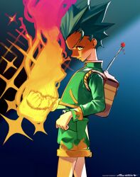 Rule 34 | 1boy, bloodykn8ght, blue background, brown eyes, child, fishing rod, gon freecss, green hair, green jacket, green shorts, highres, holding, holding fishing rod, hunter x hunter, jacket, long sleeves, looking at viewer, male focus, nen (hunter x hunter), profile, short hair, shorts, signature, spiked hair