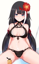 Rule 34 | 1girl, alternate costume, asuto3, azur lane, bare shoulders, bikini, black bikini, black hair, blue eyes, blush, breasts, cameltoe, cleavage, deutschland (azur lane), deutschland (service time?!) (azur lane), flower, gluteal fold, grin, hair flower, hair ornament, heart, heart-shaped pupils, highres, long hair, looking at viewer, lotion, lotion bottle, medium breasts, mole, mole on stomach, multicolored hair, navel, red hair, simple background, sitting, smile, solo, spread legs, straight hair, suggestive fluid, swimsuit, symbol-shaped pupils, thighs, white background, white hair
