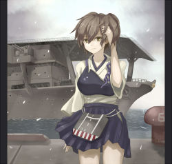 Rule 34 | 10s, 1girl, aircraft carrier, anti-aircraft, anti-aircraft gun, blouse, breasts, brown hair, cherry blossoms, fiction (artist), fiction (forged), historical name connection, japanese clothes, kaga (aircraft carrier), kaga (kancolle), kantai collection, md5 mismatch, military, military vehicle, muneate, name connection, personification, petals, resolution mismatch, ship, shipyard, shirt, short hair, side ponytail, skirt, smile, solo, source larger, warship, water, watercraft