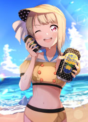 Rule 34 | 1girl, absurdres, asymmetrical hair, beach, bikini, bikini bottom only, blue sky, blunt bangs, blush, bow, can, cloud, commentary request, day, drink, food, fruit, hat, hat bow, highres, holding, holding can, holding drink, incoming drink, lemon, lens flare, light brown hair, love live!, midriff, nail polish, nakasu kasumi, navel, ocean, one eye closed, open mouth, pink eyes, product placement, sand, short hair, sky, smile, solo, sophiaenju, sunlight, swimsuit, teeth, upper body, upper teeth only, visor cap, water, wet, yellow bikini, yellow hat, yellow nails