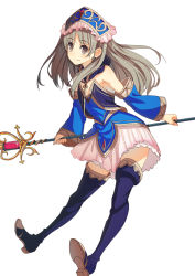 Rule 34 | 1girl, atelier (series), atelier totori, bare shoulders, blush, brown eyes, closed mouth, detached sleeves, flat chest, frills, grey hair, headdress, holding, holding staff, legs apart, long hair, looking at viewer, nao (pixiv 5120470), parsley-f, pink skirt, simple background, skirt, smile, solo, staff, standing, tecmo, thighhighs, totooria helmold, white background