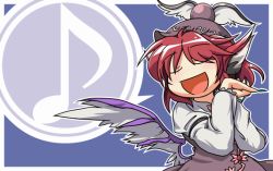 Rule 34 | 1girl, animal ears, dress, closed eyes, female focus, fingernails, hat, iyau, music, musical note, mystia lorelei, nail polish, open mouth, own hands together, quaver, red hair, short hair, singing, solo, speech bubble, spoken musical note, touhou, wings