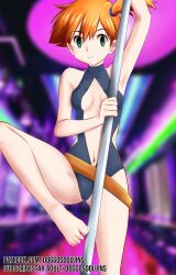 Rule 34 | 1girl, artist request, ass, breasts, cleavage, creatures (company), feet, game freak, highres, leg up, legs, midriff, misty (pokemon), nintendo, one-piece swimsuit, pokemon, pokemon: the electric tale of pikachu, pole, pole dancing, side ponytail, slingshot swimsuit, stripper pole, swimsuit