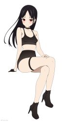 Rule 34 | 1girl, absurdres, ankle boots, arm support, bare arms, bare shoulders, black choker, black footwear, black gloves, black hair, black shorts, black sports bra, blush, boots, breasts, choker, closed mouth, coro fae, crossed legs, floating hair, gloves, half gloves, hand on own thigh, high-waist shorts, high heel boots, high heels, highres, invisible chair, kaguya-sama wa kokurasetai ~tensai-tachi no renai zunousen~, legs, long hair, looking at viewer, midriff, paid reward available, parted bangs, red eyes, shinomiya kaguya, shorts, simple background, single glove, sitting, small breasts, smile, solo, split mouth, sports bra, thigh strap, twitter username, white background