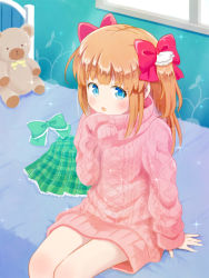 Rule 34 | 1girl, aran sweater, bed, blue eyes, brown hair, cable knit, chestnut mouth, furuhiro, girlfriend (kari), green skirt, hand to own mouth, long hair, no pants, open mouth, oversized clothes, pink sweater, plaid, plaid skirt, ribbon, sitting, skirt, unworn skirt, sleeves past wrists, solo, stuffed animal, stuffed toy, sweater, teddy bear, turtleneck, turtleneck sweater, two side up, window, yuuki nae