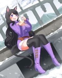Rule 34 | 1girl, animal ears, warrior of light (ff14), belt, black hair, black thighhighs, boots, breasts, bridge, cat ears, cat tail, cloud, cloudy sky, commission, cup, day, final fantasy, final fantasy xiv, fire, full body, high heel boots, high heels, highres, landscape, large breasts, long hair, looking at viewer, miqo&#039;te, mountain, mug, outdoors, pouch, purple eyes, ribbed sweater, scenery, sitting, sky, smile, snow, snowing, solo, sweater, tail, thighhighs, wsyl (artist), zettai ryouiki