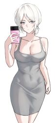 Rule 34 | 1girl, bare arms, bare shoulders, blue eyes, breasts, cellphone, cleavage, closed mouth, collarbone, commentary request, covered navel, dongtan dress, dress, eonyan (chaeyang), faust (project moon), grey dress, highres, holding, holding phone, large breasts, limbus company, looking at viewer, meme attire, nail polish, pencil dress, phone, pink nails, project moon, selfie, short hair, simple background, smartphone, solo, standing, white background, white hair