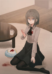 Rule 34 | ascot, black ascot, black hair, black pantyhose, black skirt, blood, blood from mouth, blood on clothes, blood on hands, blue eyes, borrowed character, chihuri, collared shirt, cup, dress shirt, grey shirt, hair between eyes, hand up, highres, indoors, long sleeves, mug, no shoes, original, pantyhose, parted lips, shirt, short hair, sitting, skirt, solo, stuffed animal, stuffed penguin, stuffed toy, table, wariza, wide-eyed, wooden floor