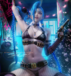 Rule 34 | 1girl, arcane: league of legends, arm tattoo, banned artist, belt, bikini, blue hair, braid, breasts, choker, commentary, earrings, english commentary, fishnet thighhighs, fishnets, gun, handgun, jewelry, jinx (league of legends), league of legends, lipstick, long hair, looking at viewer, makeup, medium breasts, navel, navel piercing, necklace, parted lips, piercing, pink eyes, pistol, sakimichan, small breasts, solo, stomach tattoo, swimsuit, tattoo, thighhighs, twin braids, weapon