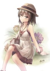 Rule 34 | 10s, 1girl, bag, bare arms, bare shoulders, bracelet, brown eyes, brown hair, contemporary, dress, gradient background, hair between eyes, hat, jewelry, kantai collection, looking at viewer, morigami (morigami no yashiro), sendai (kancolle), short hair, sleeveless, sleeveless dress, smile, solo, two side up