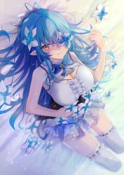 Rule 34 | 1girl, absurdres, ahoge, bed sheet, blue bow, blue flower, blue hair, blush, bow, breasts, cleavage, cleavage cutout, closed mouth, clothing cutout, eyelashes, flower, flower over eye, frilled skirt, frilled thighhighs, frills, glint, hair between eyes, highres, hololive, light particles, light rays, long eyelashes, long hair, looking at viewer, lying, multicolored hair, on back, pointy ears, see-through, see-through skirt, setokane, skirt, smile, snowflake print, solo, streaked hair, thighhighs, virtual youtuber, white flower, white thighhighs, yellow eyes, yukihana lamy