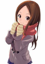 Rule 34 | 10s, 1girl, blue skirt, brown eyes, brown hair, child, closed mouth, coat, commentary request, cowboy shot, duffel coat, forehead, gloves, hands up, highres, karakai jouzu no takagi-san, long hair, long sleeves, looking at viewer, matsuse daichi, parted bangs, pleated skirt, red scarf, scarf, simple background, skirt, smile, solo, standing, striped clothes, striped gloves, takagi-san, tareme, toggle, white background, winter clothes, winter coat, yellow gloves