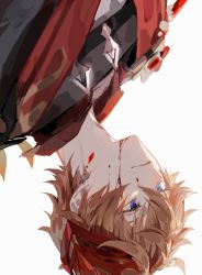 Rule 34 | 1boy, black jacket, blood, blood on face, blue eyes, closed mouth, earrings, genshin impact, hair between eyes, highres, jacket, jewelry, male focus, mask, mask on head, orange hair, red scarf, scarf, simple background, single earring, solo, syusyu 043, tartaglia (genshin impact), upskirt, white background