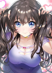 Rule 34 | 1girl, black hair, blouse, blue eyes, blush, breasts, bunching hair, choker, cleavage, closed mouth, collarbone, commentary request, covered navel, earrings, hair between eyes, heart, heart background, jewelry, kanojo (ogino atsuki), large breasts, leaning forward, long hair, looking at viewer, original, purple shirt, shirt, short sleeves, smile, solo, star (symbol), star earrings, twintails, upper body, wavy hair, wing hair ornament, yanyo (ogino atsuki)