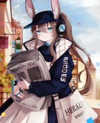 Rule 34 | 1girl, amiya (arknights), amiya (newsgirl) (arknights), animal ear fluff, animal ears, arknights, bag, baseball cap, blue eyes, blue hat, blue jacket, blue sky, blurry, blush, building, clothes writing, cloud, depth of field, dress, ears through headwear, hair between eyes, hair through headwear, hat, highres, holding, holding newspaper, implied extra ears, jacket, jewelry, kairi630, looking at viewer, multiple rings, newspaper, official alternate costume, open clothes, open jacket, outdoors, ponytail, rabbit ears, railing, ring, shoulder bag, sidelocks, sky, smile, solo, thumb ring, town, white dress