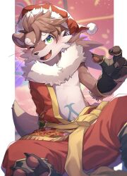 Rule 34 | 1boy, animal ears, blush, claws, commentary request, fang, fingerless gloves, furry, furry male, gloves, green eyes, hat, highres, looking at viewer, male focus, navel, one eye closed, open mouth, otter (housamo), otter boy, otter ears, otter tail, partially undressed, pawpads, ponzu tas, santa hat, smile, tail, tokyo houkago summoners, whiskers
