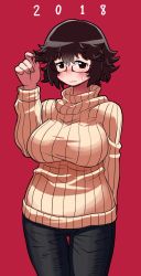 Rule 34 | 1girl, 2018, alternate hairstyle, black hair, blush, breasts, brown eyes, commentary, cowboy shot, denim, embarrassed, glasses, gluteal fold, highres, jeans, large breasts, looking at viewer, matsuda yuusuke, messy hair, pants, red-framed eyewear, ribbed sweater, solo, sweat, sweater, thigh gap, turtleneck, turtleneck sweater, yonezawa natsumi, yuusha to maou
