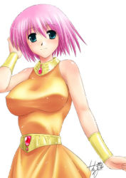 Rule 34 | 1990s (style), 1girl, aqua-elf, aqua elf, bare shoulders, blue eyes, breasts, female focus, final fantasy, final fantasy v, large breasts, lenna charlotte tycoon, pink hair, retro artstyle, short hair, simple background, solo, white background, wristband