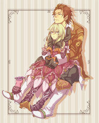 Rule 34 | 1boy, 1girl, 9wa, alvin (tales), blonde hair, boots, brown eyes, brown hair, creature, doll, elize lutus, gloves, height difference, knee boots, purple footwear, sepia background, striped, striped background, tales of (series), tales of xillia, teepo (tales)