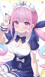 Rule 34 | 1girl, absurdres, black dress, blue hair, breasts, cake, cake slice, cleavage, closed mouth, colored inner hair, commentary request, confetti, dress, drill hair, food, food on face, fruit, highres, hololive, icing, keikei (kitty colors), long hair, looking at viewer, maid headdress, minato aqua, multicolored hair, pink hair, purple eyes, purple hair, short sleeves, sitting, smile, solo, strawberry, streaked hair, tongue, tongue out, twin drills, virtual youtuber