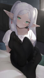 Rule 34 | 1girl, absurdres, black pantyhose, blush, commentary, drop earrings, earrings, feet, foot focus, frieren, green eyes, highres, indoors, jewelry, long hair, looking at viewer, nightgown, pantyhose, parted bangs, pointy ears, short sleeves, soles, solo, sousou no frieren, toe seam, twintails, white hair, white nightgown, zxoy