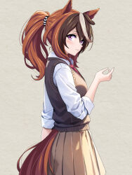Rule 34 | 1girl, alternate costume, alternate hairstyle, animal ears, breasts, brown hair, brown skirt, brown sweater vest, closed mouth, commentary request, from side, grey background, hair between eyes, highres, horse ears, horse girl, horse tail, light blush, long hair, long sleeves, looking at viewer, medium breasts, multicolored hair, necktie, pleated skirt, ponytail, purple eyes, red necktie, school uniform, shirt, simple background, skirt, smile, solo, streaked hair, sweater vest, symboli rudolf (umamusume), tail, umamusume, white hair, white shirt, zenbrush2