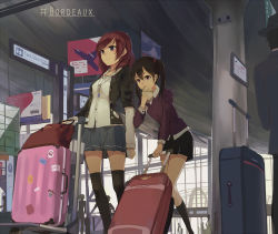 Rule 34 | 10s, 2girls, bag, black hair, black skirt, black socks, blue skirt, brown eyes, brown hair, buttons, cardigan, collared shirt, eating, food, from below, hashtag, highres, holding, holding food, huanxiang heitu, indoors, jacket, jewelry, kneehighs, layered sleeves, leaning forward, long sleeves, looking away, love live!, love live! school idol project, luggage, multiple girls, necklace, nishikino maki, open cardigan, open clothes, pendant, pleated skirt, purple eyes, revision, rolling suitcase, shirt, shopping bag, short over long sleeves, short sleeves, sign, skirt, socks, standing, sticker, suitcase, swept bangs, thighhighs, train station, twintails, yazawa nico, zettai ryouiki