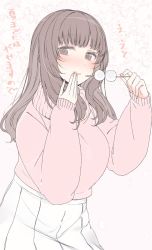 Rule 34 | 1girl, @ @, blush, brown eyes, brown hair, dango, eating, fingernails, food, hands up, highres, holding, holding food, long hair, long sleeves, looking at viewer, nail polish, nekoume, original, pink nails, pink sweater, pleated skirt, skirt, smile, solo, sweatdrop, sweater, translation request, wagashi, wavy mouth, white skirt