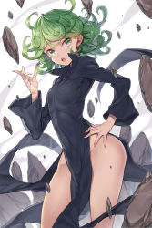 Rule 34 | 1girl, :o, bare hips, black dress, breasts, covered navel, curly hair, dress, floating rock, green eyes, green hair, hagure keg, hand on own hip, highres, index finger raised, long sleeves, looking at viewer, one-punch man, open mouth, pelvic curtain, short hair, small breasts, solo, standing, tatsumaki, thighs