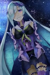 Rule 34 | 1girl, arms behind back, blue hair, breasts, brynhildr (fate), commentary request, dutch angle, fate/grand order, fate (series), long hair, looking at viewer, mayo (mayone-u), medium breasts, night, night sky, purple eyes, skirt, sky, solo, thighhighs, very long hair