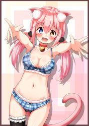 Rule 34 | 1girl, :d, animal ears, bare arms, bare shoulders, bell, black thighhighs, blue bra, blue eyes, blue panties, blush, bow, bow bra, bow panties, bra, breasts, brown eyes, cat ears, cat girl, cat hair ornament, cat tail, choker, cleavage, collarbone, commentary request, dutch angle, fang, frilled thighhighs, frills, gluteal fold, hair between eyes, hair ornament, hair ribbon, heterochromia, jingle bell, long hair, low twintails, medium breasts, mochiyuki, navel, neck bell, open mouth, original, outstretched arms, panties, pink hair, plaid, plaid bra, plaid panties, red choker, red ribbon, ribbon, single thighhigh, smile, solo, tail, thighhighs, twintails, underwear
