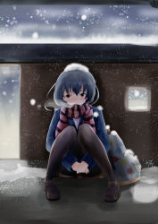 Rule 34 | 1girl, absurdres, bag, black pantyhose, black scarf, blue coat, blue hair, blush, breath, brown footwear, brown skirt, cloud, cloudy sky, coat, frown, highres, knees together feet apart, loafers, long sleeves, md5 mismatch, original, outdoors, own hands together, pantyhose, railing, red eyes, red scarf, scarf, school bag, shoes, short hair, sitting, skirt, sky, snow on head, snowflakes, snowing, solo, soundsechop, striped clothes, striped scarf, winter clothes, winter coat