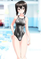 Rule 34 | 1girl, absurdres, black hair, black one-piece swimsuit, blurry, bob cut, brown eyes, competition swimsuit, cowboy shot, depth of field, girls und panzer, grey one-piece swimsuit, highres, huge filesize, kawashima momo, lane line, lifeguard chair, looking at viewer, multicolored clothes, multicolored swimsuit, one-piece swimsuit, pool, poolside, short hair, solo, swimsuit, takafumi