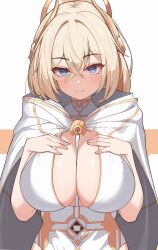 Rule 34 | 1girl, absurdres, blonde hair, blue eyes, blush, breasts, character request, cleavage, cleavage cutout, closers, clothing cutout, dasi (kwts3227), diadem, dress, hands on own chest, highres, hood, hooded robe, large breasts, looking at viewer, open clothes, open robe, robe, simple background, smile, solo, white dress, white hood, white robe