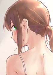 Rule 34 | 1girl, :d, bare shoulders, blush, chaigidhiell, from behind, fubuki (kancolle), gradient background, green eyes, grey background, hair tie, highres, kantai collection, long hair, looking at viewer, looking back, nape, open mouth, short ponytail, sidelocks, skindentation, smile, solo, upper body