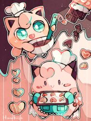 Rule 34 | animal focus, apron, artist name, baking sheet, blue eyes, brown background, candy, chef hat, chocolate, chocolate bar, clefairy, clothed pokemon, colored skin, commentary request, cookie, creatures (company), food, game freak, gen 1 pokemon, hanabusaoekaki, hat, heart, highres, jigglypuff, nintendo, no humans, pink background, pink skin, pokemon, pokemon (creature), smile, solid oval eyes, stirring