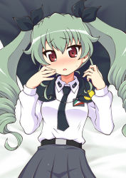 Rule 34 | 10s, 1girl, anchovy (girls und panzer), bed, belt, black necktie, black skirt, blush, cape, dress shirt, drill hair, emblem, from above, girls und panzer, green hair, hair ribbon, long hair, long sleeves, looking at viewer, lying, necktie, on back, parted lips, pleated skirt, red eyes, ribbon, school uniform, shirt, skirt, solo, twin drills, twintails, upper body, white shirt, yuuki akira