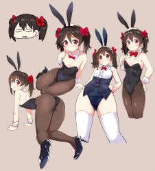 Rule 34 | 1girl, all fours, animal ears, black footwear, black hair, black leotard, black pantyhose, bow, bowtie, breasts, cowboy shot, cropped legs, detached collar, fake animal ears, from below, gluteal fold, grey background, hair bow, hands in pockets, high heels, highres, kurokawa makoto, leotard, long hair, love live!, love live! school idol project, multiple views, pantyhose, playboy bunny, rabbit ears, rabbit tail, red eyes, red neckwear, simple background, sitting, small breasts, standing, strapless, strapless leotard, tail, thighhighs, twintails, white thighhighs, wrist cuffs, yazawa nico, yokozuwari