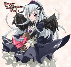 Rule 34 | 00s, 1girl, bad id, bad pixiv id, breasts, cleavage, dress, english text, frills, hairband, happy valentine, long hair, obligation chocolate, purple eyes, rozen maiden, silver hair, small breasts, solo, suigintou, toru k, valentine, wings, yakult