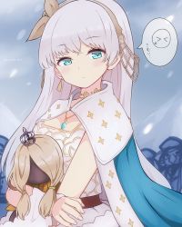 Rule 34 | &gt; &lt;, 1girl, anastasia (fate), blue cape, blue eyes, blush, cape, choker, closed mouth, cross, crown, doll, dress, emoticon, fate/grand order, fate (series), hair ornament, hairband, holding, holding doll, jewelry, kastella, leaf hair ornament, long hair, mini crown, oprichnik (fate), oprichnik (fate grand/order), outdoors, pendant, royal robe, snow, solo focus, speech bubble, spoken expression, twitter username, white dress, white hair