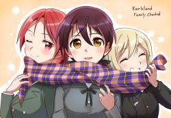 Rule 34 | 3girls, blonde hair, blush, brown hair, closed eyes, erica hartmann, gertrud barkhorn, looking at viewer, military, military uniform, minna-dietlinde wilcke, multiple girls, niina ryou, one eye closed, open mouth, orange background, red eyes, red hair, scarf, shared clothes, shared scarf, simple background, smile, strike witches, uniform, upper body, world witches series, yellow eyes