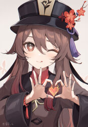 Rule 34 | 1girl, 6u (eternal land), ;q, bead bracelet, beads, black hat, black nails, bracelet, brown coat, brown eyes, brown hair, check commentary, closed mouth, coat, colored tips, commentary request, fire, flower, flower-shaped pupils, genshin impact, gradient eyes, gradient hair, grey background, hair between eyes, hair flaps, hands up, hat, hat branch, hat flower, hat tassel, heart, heart hands, hu tao (genshin impact), jewelry, long sleeves, looking at viewer, mandarin collar, multicolored eyes, multicolored hair, multiple rings, nail polish, one eye closed, plum blossoms, porkpie hat, pyrokinesis, red flower, red hair, red shirt, ring, shirt, simple background, smile, solo, symbol-shaped pupils, tassel, tongue, tongue out, twintails, twitter username, upper body, wide sleeves