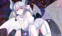 Rule 34 | 1girl, all fours, blush, breasts, cleavage, demon girl, demon horns, demon wings, duel monster, embarrassed, grey eyes, highres, horns, indoors, large breasts, looking at viewer, looking down, lovely labrynth of the silver castle, low wings, lyrin (haireirei), multiple wings, pointy ears, smile, solo, spread cleavage, transparent wings, twintails, wavy mouth, white hair, white horns, wings, yu-gi-oh!