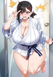 Rule 34 | 1girl, barefoot, bathroom, black gloves, black hair, blush, breasts, chainsaw man, cleavage, collarbone, door, eyelashes, female focus, gloves, higashiyama kobeni, highres, huge breasts, indoors, leg up, looking at viewer, matching hair/eyes, mole, mole under eye, motion lines, nenelulucy, open mouth, shiny skin, solo, standing, sweat, thick thighs, thighs, v, v over eye, wet, wide hips