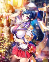 Rule 34 | 1girl, arm up, armband, artist request, black hair, black thighhighs, breasts, choukun, gloves, hand on own head, hand on own stomach, hat, jacket, koihime musou, lantern, large breasts, miniskirt, open mouth, outdoors, red eyes, red skirt, rope, sheath, sheathed, shirt, short hair, skirt, smile, solo, sword, thighhighs, tree, weapon, white gloves, white hat, white jacket, white shirt