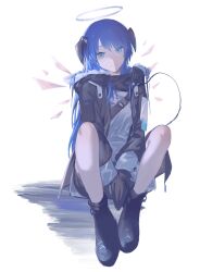 Rule 34 | 1girl, absurdres, arknights, black footwear, black gloves, black jacket, black shorts, blue eyes, blue hair, closed mouth, commentary request, detached wings, full body, gloves, halo, highres, horns, jacket, kamanberu sando, knees up, long sleeves, looking at viewer, mostima (arknights), open clothes, open jacket, shirt, shoes, short shorts, shorts, simple background, sitting, smile, solo, tail, white background, white shirt, wings