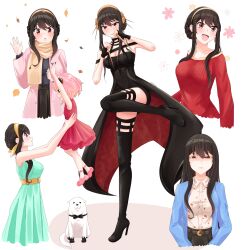 Rule 34 | 2girls, :d, \||/, absurdres, ahoge, anya&#039;s heh face (meme), anya (spy x family), arms up, bare arms, bare shoulders, black bow, black bowtie, black dress, black footwear, black gloves, black hair, blush, bond (spy x family), boots, bow, bowtie, braid, braided bun, breasts, cleavage, closed mouth, coat, collarbone, collared shirt, commentary, d:, dress, eye contact, eyelashes, fingerless gloves, frown, full body, gloves, green dress, green eyes, hair between eyes, hair bun, hair down, hairband, half-closed eyes, hand up, happy, high heels, highres, holding, holding weapon, lalachan208, large breasts, lips, long hair, long sleeves, looking afar, looking at another, medium hair, meme, mother and daughter, multiple girls, multiple views, open mouth, pink coat, pink hair, profile, red dress, red eyes, red sweater, scarf, shaded face, shirt, short hair with long locks, simple background, single hair bun, sleeveless, sleeveless dress, smile, solo focus, spy x family, standing, standing on one leg, straight hair, strapless, strapless dress, surprised, sweater, thigh boots, tsurime, upper body, waving, weapon, white background, white dog, white shirt, yellow hairband, yellow scarf, yor briar