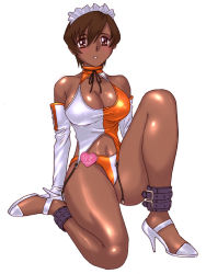 Rule 34 | 1girl, anklet, blush, breasts, brown eyes, brown hair, cleavage, dark-skinned female, dark skin, dead or alive, detached sleeves, halterneck, high heels, jewelry, large breasts, lisa hamilton, maid headdress, race queen, shiny skin, shoes, short hair, sitting, solo, swimsuit, tecmo, zero hime